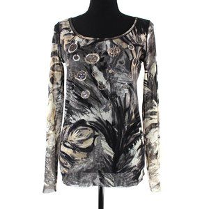 Fuzzi JPG Embroidered Sequin Front Design Scoop Neckline Top M Nylon Long Sleeve